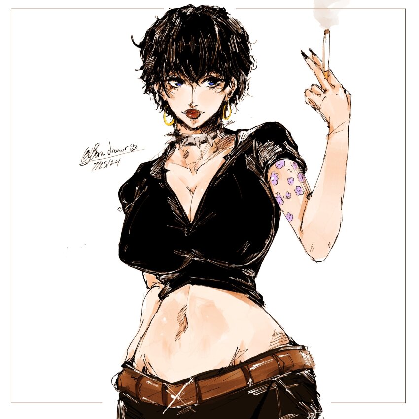 1girl, arm_tattoo, belt, black_hair, black_shirt, blue_eyes, bon_drawr, brown_belt
