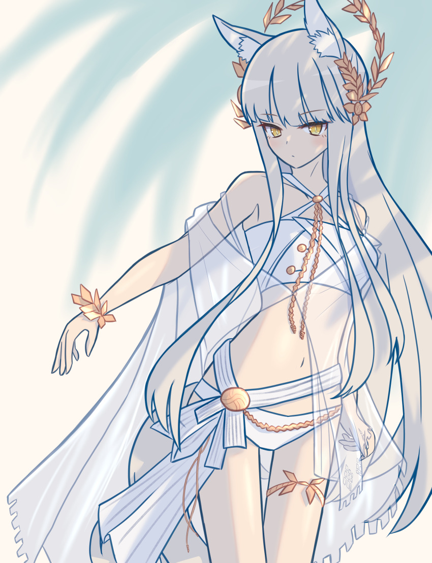 1girl, absurdres, animal_ear_fluff, animal_ears, arknights, arm_at_side, bikini, black_outline, closed_mouth, commentary, cowboy_shot, falferitz, grey_hair, hair_ornament, head_wreath, highres, long_hair, navel, official_alternate_costume, outline, platinum_(arknights), platinum_(shimmering_dew)_(arknights), see-through_clothes, sketch, solo, standing, swimsuit, swimsuit_cover-up, white_bikini, yellow_eyes