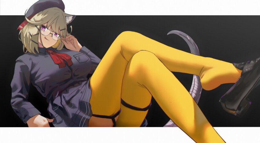 1girl, :q, adjusting_eyewear, animal_ear_fluff, animal_ears, arknights, beret, black_background