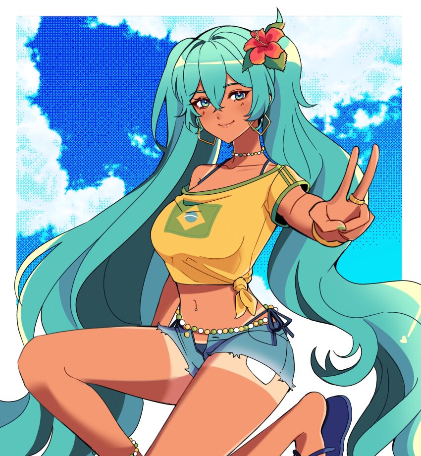 1girl, anklet, aqua_eyes, aqua_hair, bead_choker, beads, belly_chain, blue_shorts, blue_sky, blush, brazilian_flag, brazilian_flag_print, brazilian_miku, breasts, cloud, cloudy_sky, earrings, exposed_pocket, feet_out_of_frame, flag_print, flip-flops, flower, frorinha, hair_flower, hair_ornament, hatsune_miku, highres, jewelry, leaf, long_hair, looking_at_viewer, medium_breasts, midriff, navel, print_shirt, red_flower, ring, sandals, shirt, short_shorts, short_sleeves, shorts, shorts_tan, sky, smile, solo, tan, tanline, tied_shirt, twintails, v, very_long_hair, vocaloid, yellow_shirt