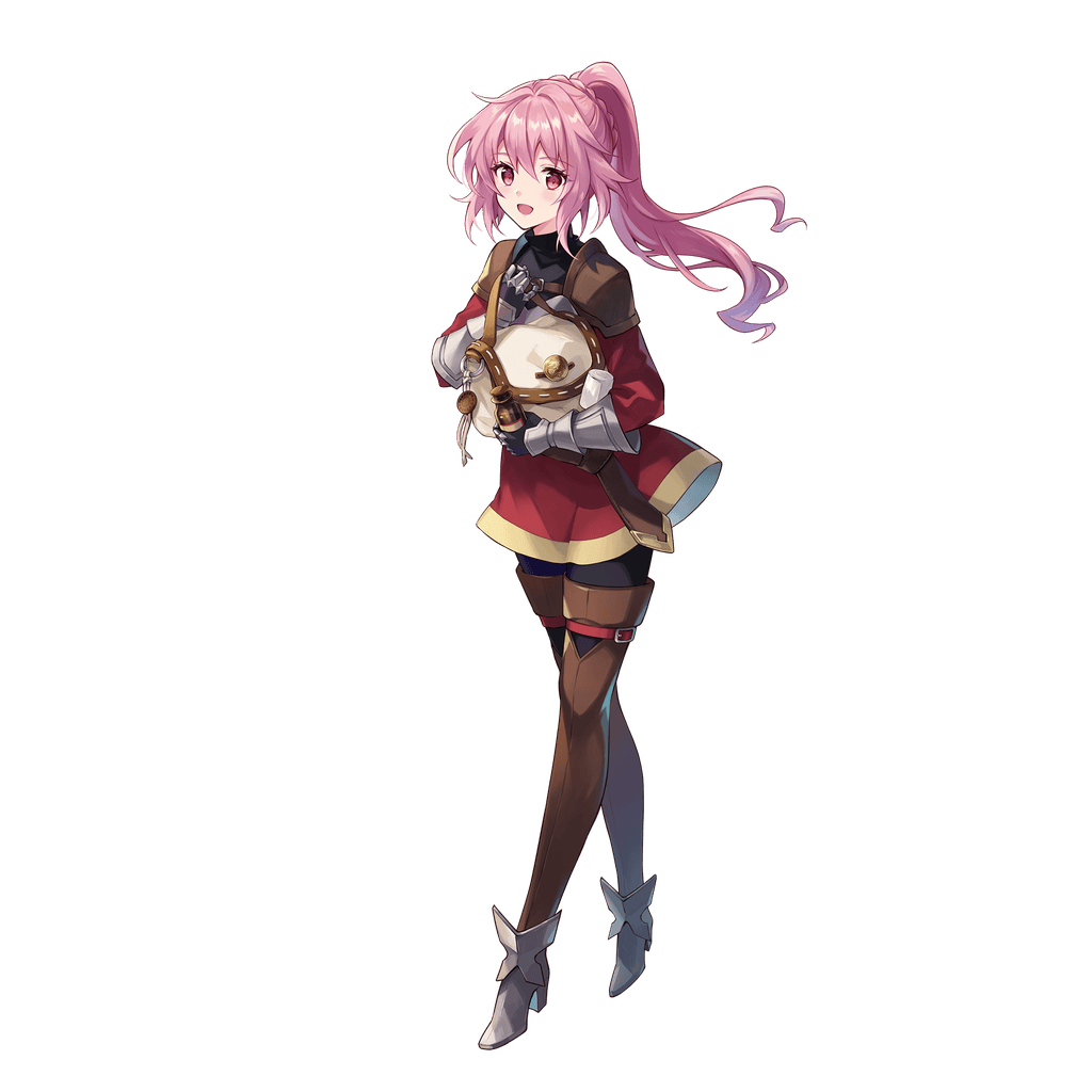 1girl, armor, aster_tatariqus, bag, bandages, boots, bottle, brown_boots, bug, dinatan_(aster_tatariqus), full_body, holding, holding_bag, open_mouth, pink_hair, ponytail, red_eyes, solo, standing, thigh_boots