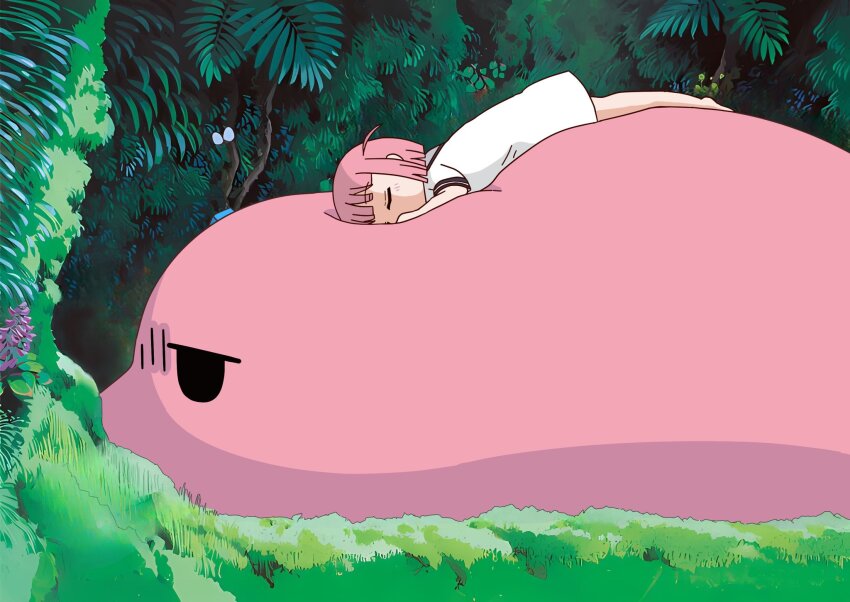 2girls, bocchi_the_rock!, cube_hair_ornament, dress, forest, gotoh_futari, gotoh_hitori, gotoh_hitori_(tsuchinoko), hair_ornament, highres, kujo_karen9, lying, lying_on_animal, multiple_girls, nature, on_stomach, other_focus, palm_tree, parody, pink_hair, short_hair, side_ahoge, sleeping, studio_ghibli_(style), tonari_no_totoro, tree, white_dress