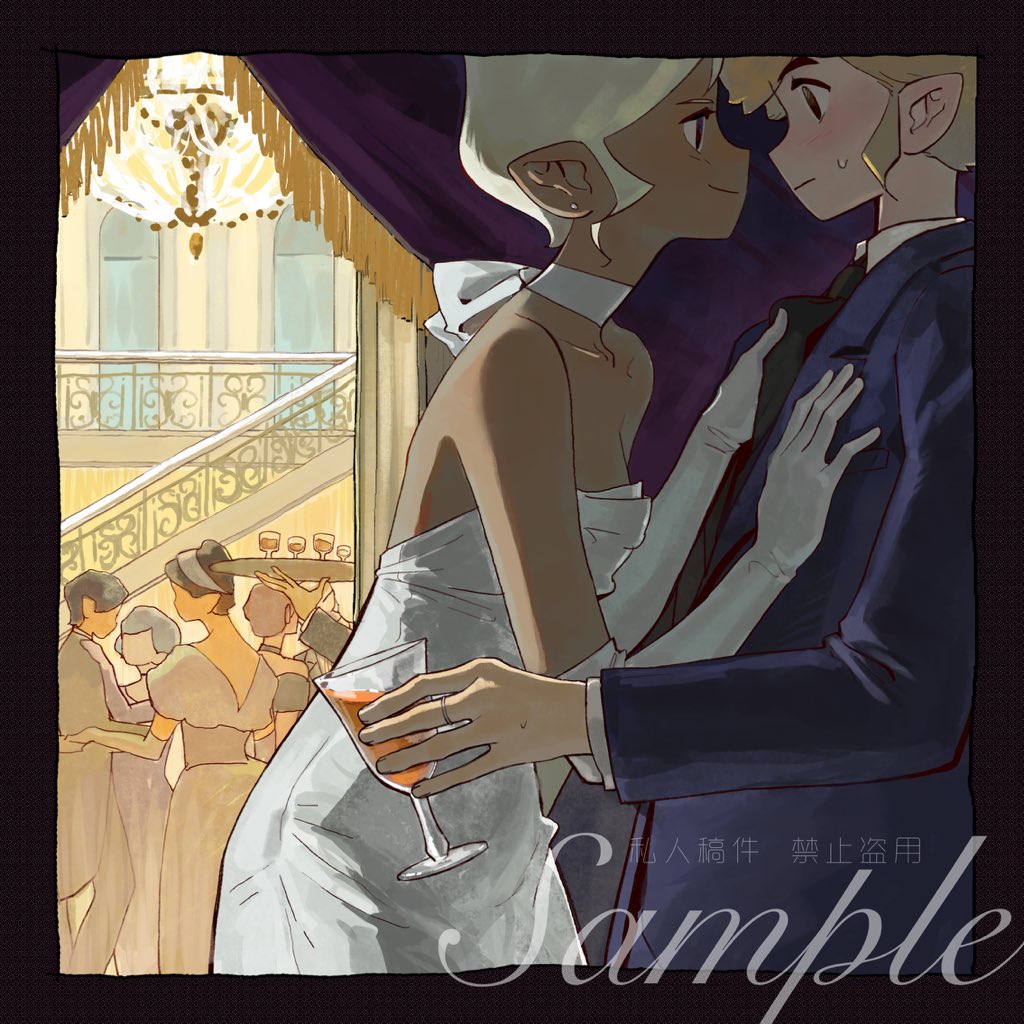 1boy, 1girl, alternate_costume, black_eyes, blonde_hair, blue_suit, blush, closed_mouth