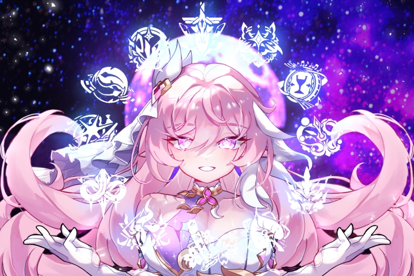 1girl, blue_background, breasts, cleavage, dduehddueh, diamond-shaped_pupils, diamond_(shape), dress