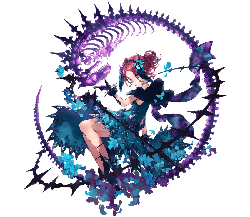 1girl, animal_skeleton, blue_petals, da-kuro, dress, flower, full_body, gloves