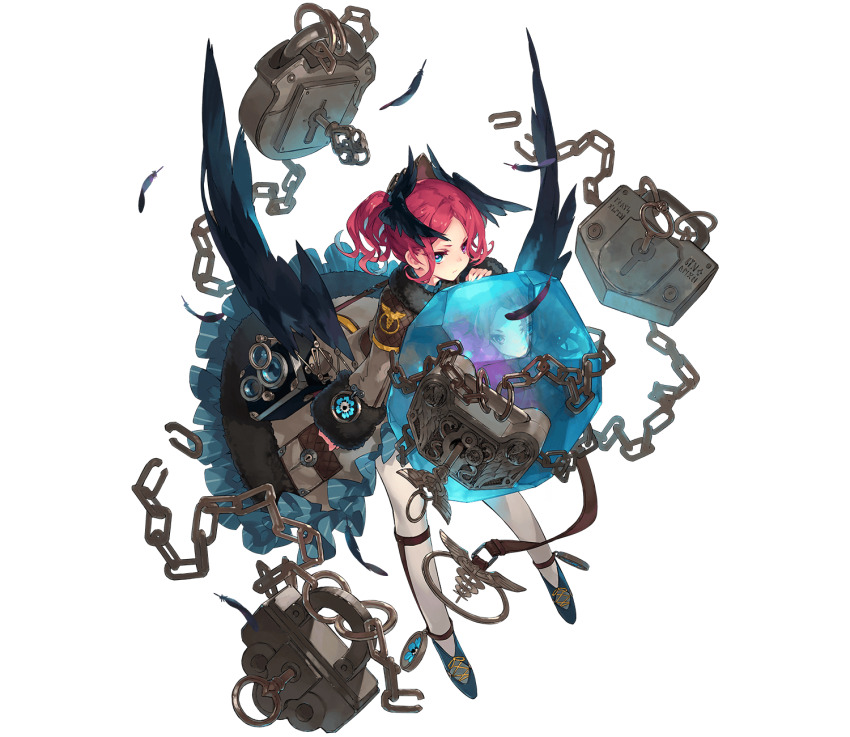 1girl, black_wings, chain, closed_mouth, da-kuro, full_body, green_eyes, heterochromia