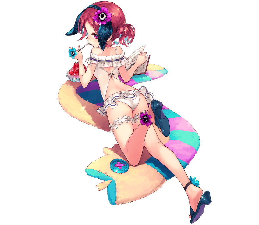 1girl, ass, book, breasts, da-kuro, flower, food, fork, from_behind, full_body, high_heel_sandals, high_heels, highres, holding, holding_fork, kerykeion_(phantom_of_the_kill), looking_at_viewer, looking_back, lying, no_socks, original, phantom_of_the_kill, purple_eyes, reading, red_hair, sandals, shaved_ice, small_breasts, solo, swimsuit, thighs