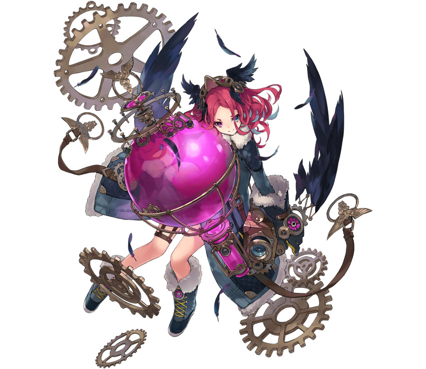 1girl, black_wings, caduceus_(phantom_of_the_kill), closed_mouth, da-kuro, full_body, gears, heterochromia