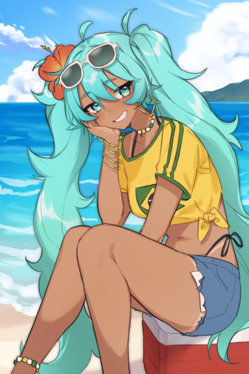 1girl, absurdres, ahoge, aqua_eyes, aqua_hair, bikini, bikini_under_clothes, bracelet, brazilian_flag, brazilian_flag_print, brazilian_miku, cloud, commentary, english_commentary, eyewear_on_head, flag_print, flower, hair_flower, hair_ornament, hatsune_miku, highres, jewelry, long_hair, looking_at_viewer, navel, ocean, ohwasuy, shirt, short_sleeves, shorts, sky, smile, solo, sunglasses, swimsuit, tan, tanline, twintails, vocaloid, yellow_shirt
