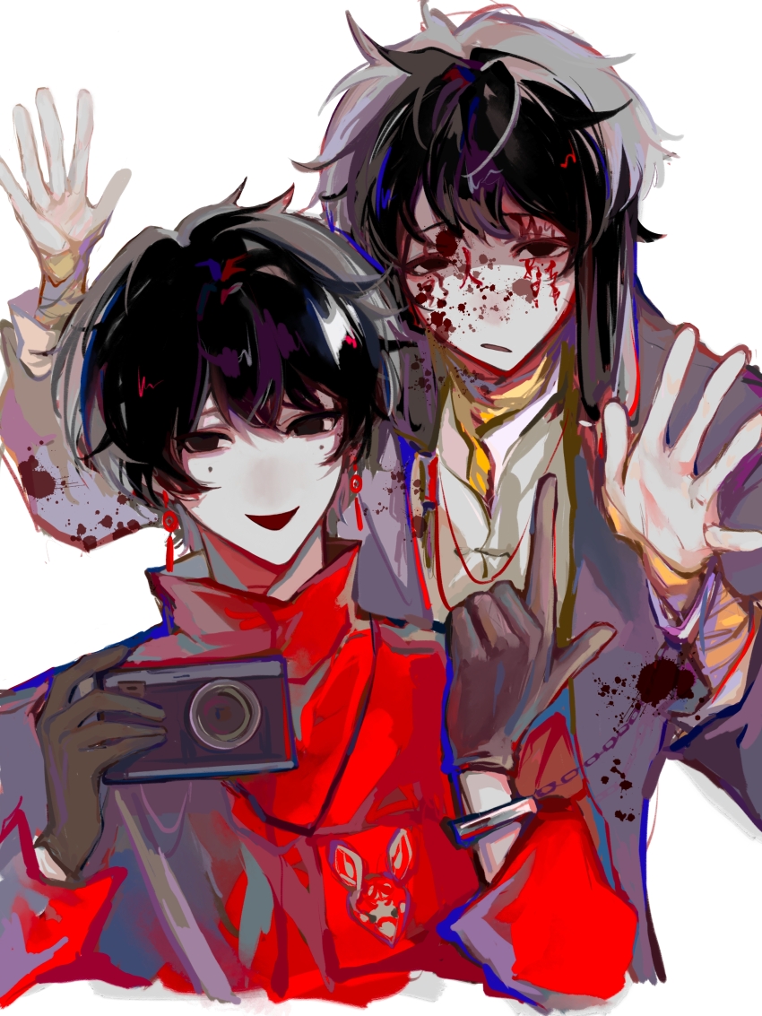 2boys, 946_(94liuya), :/, absurdres, black_eyes, black_hair, blood, blood_on_clothes, blood_on_face, brown_gloves, camera, camera_around_neck, chinese_commentary, closed_mouth, commentary_request, cuffs, earrings, facial_tattoo, gloves, grey_jacket, handcuffs, high_collar, highres, holding, holding_camera, index_finger_raised, jacket, jewelry, li_yuting_(male), long_sleeves, male_focus, mole, mole_under_each_eye, mole_under_eye, multiple_boys, multiple_moles, open_clothes, open_jacket, open_mouth, red_jacket, shared_handcuffs, shirt, short_hair, simple_background, smile, tattoo, touqi_guaitan, variant_set, white_background, white_shirt, ziche_fuzhao
