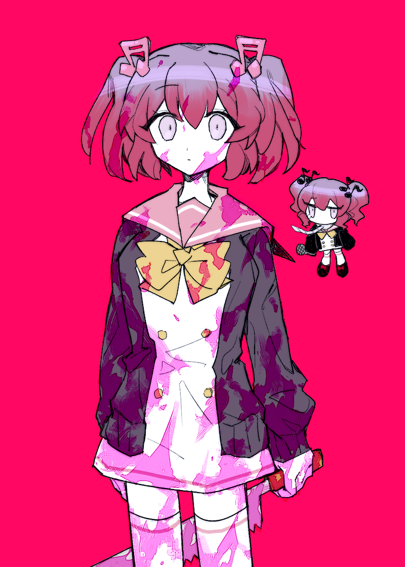 2girls, animal_collar, black_footwear, black_jacket, blood, blood_on_clothes, blood_on_face, bow