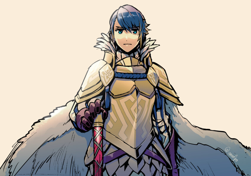 1boy, alfonse_(heir_to_openness)_(fire_emblem), amao_miyuki, armor, axe, battle_axe, blue_hair, brown_gloves