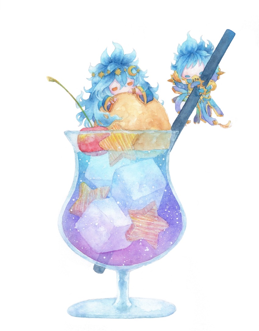 2boys, absurdres, blue_coat, blue_eyes, blue_hair, brothers, cherry, chibi