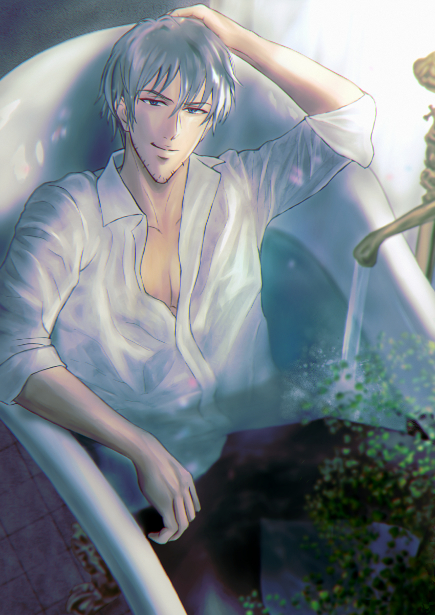 1boy, bathtub, clothed_bath, facial_hair, gakuen_handsome, grey_hair, hair_between_eyes, highres