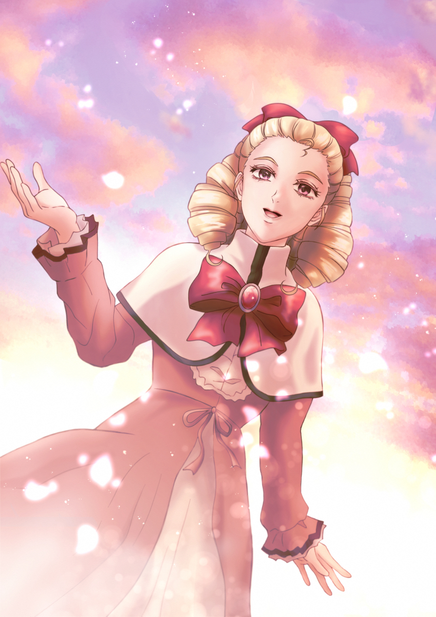 1girl, :d, blonde_hair, bow, brown_eyes, drill_hair, hair_bow, hanatsubaki_himeko