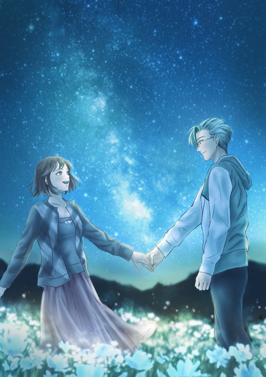 1boy, 1girl, :d, black_jacket, black_pants, brown_hair, eye_contact, field