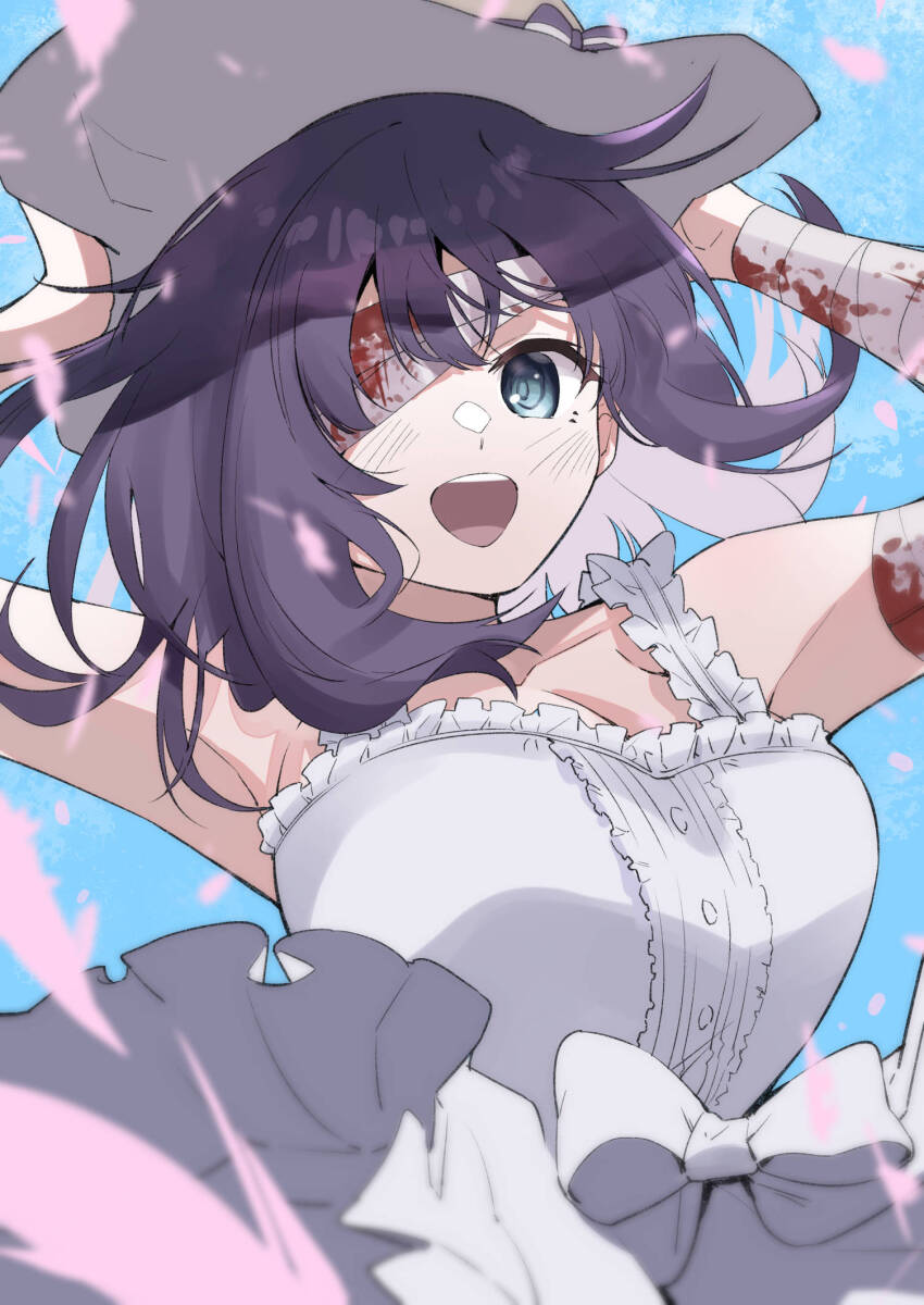 1girl, bandage_on_thigh, bandage_over_one_eye, bandaged_arm, bandages, blood, bloody_bandages, brown_hat, center_frills, dress, frilled_dress, frills, hat, highres, medium_hair, misora_(princess_connect!), misora_(real)_(princess_connect!), one_eye_covered, princess_connect!, shine_shima, single_bare_shoulder, sleeveless, sleeveless_dress, solo, steepled_fingers, sun_hat, sundress