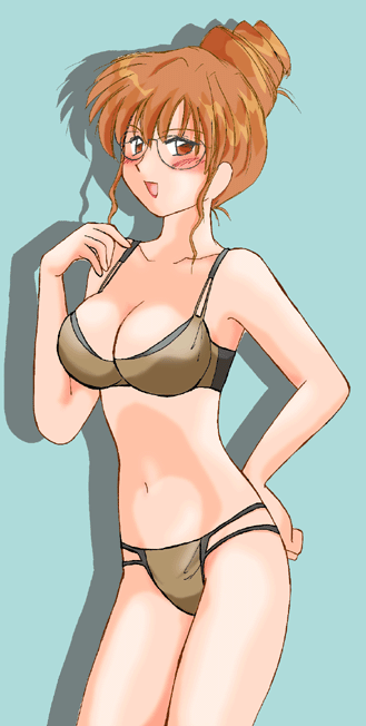 bra, brown_eyes, brown_hair, glasses, mahoromatic, panties, shikijou_saori, underwear