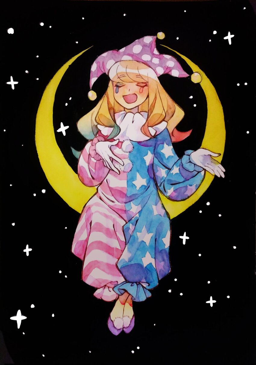 1girl, american_flag, american_flag_print, blue_hair, closed_eyes, clown, clownpiece, crescent_moon