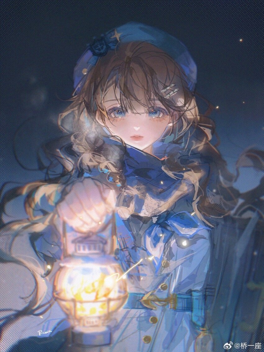 1girl, anchor_hat_ornament, beret, blue_background, blue_eyes, blue_hat, blue_neckerchief, blue_scarf