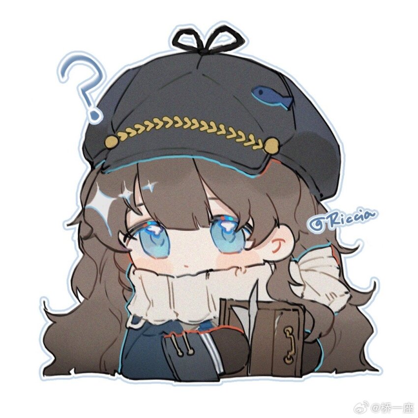 1girl, ?, blue_coat, blue_eyes, brown_gloves, brown_hair, newsboy_cap, chibi