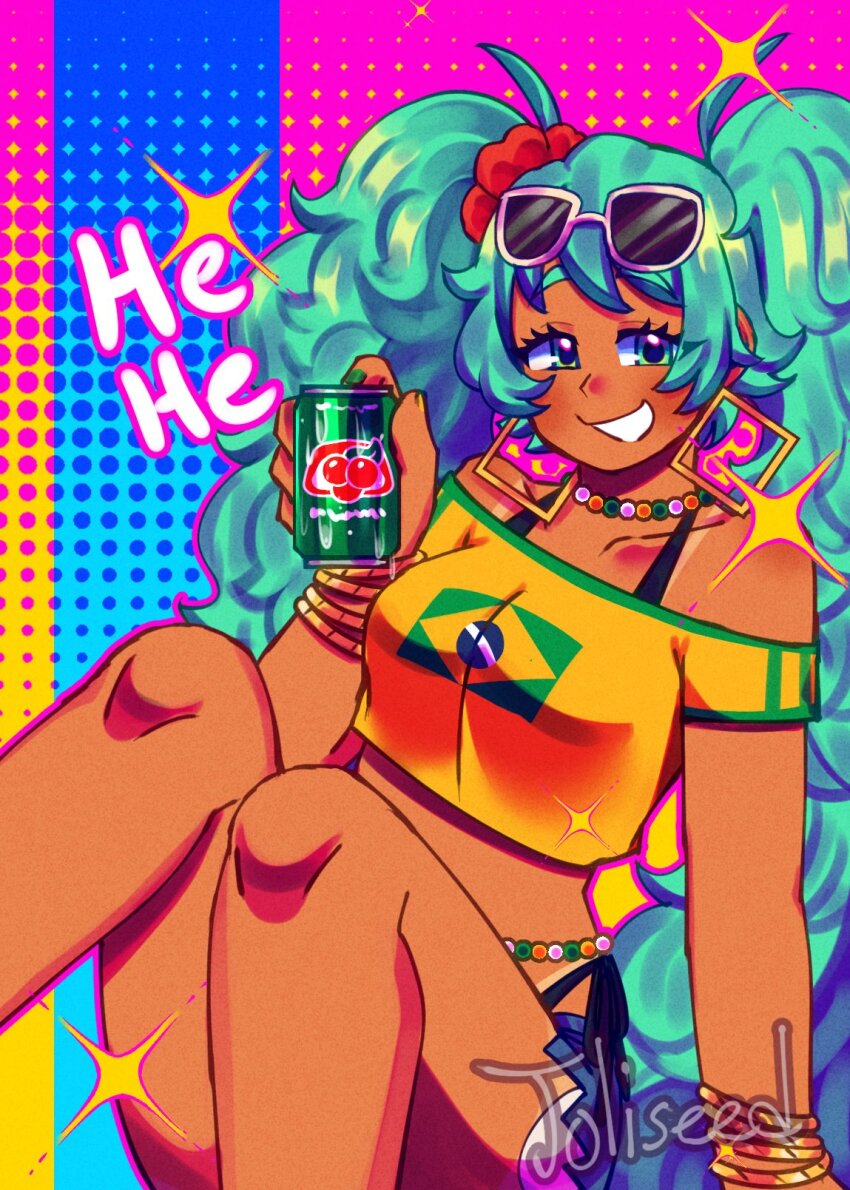 1girl, aqua_eyes, aqua_hair, artist_name, bead_choker, beads, belly_chain, bikini, bikini_under_clothes, black_bikini, blue_shorts, bracelet, brazilian_flag, brazilian_flag_print, brazilian_miku, can, dark-skinned_female, dark_skin, earrings, eyewear_on_head, flag_print, flower, green_nails, guarana_antarctica, hair_flower, hair_ornament, hatsune_miku, highres, holding, holding_can, jewelry, joliseed, knees_up, long_hair, looking_at_viewer, multiple_bracelets, off-shoulder_shirt, off_shoulder, open_mouth, print_shirt, red_flower, shirt, short_sleeves, shorts, smile, solo, sunglasses, swimsuit, tan, tanline, very_long_hair, vocaloid, white-framed_eyewear, yellow_nails, yellow_shirt