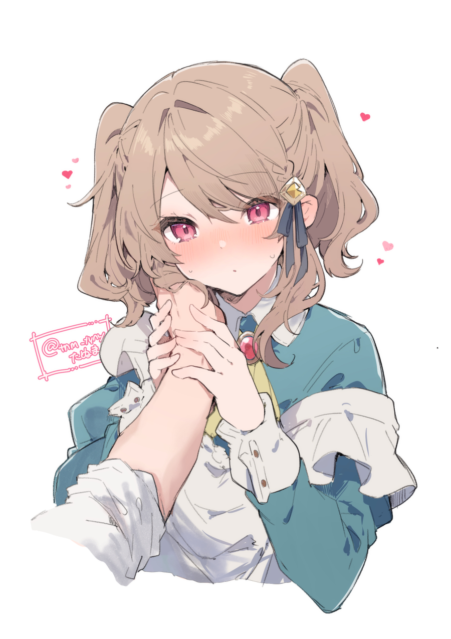 1boy, 1girl, apron, blush, brown_hair, cropped_torso, gem, hair_ornament, hair_ribbon, hand_in_another's_hair, hand_on_another's_cheek, hand_on_another's_face, hand_on_another's_wrist, heart, hetero, highres, ikeuchi_tanuma, juliet_sleeves, long_sleeves, maid, maid_apron, original, pov, puffy_sleeves, red_eyes, ribbon, strap_slip, sweat, tino_ashberry, twintails, twitter_username, white_background
