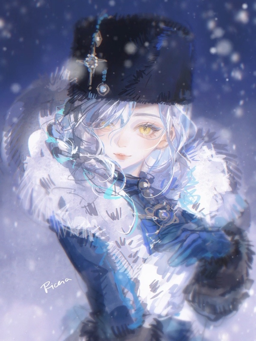 1girl, black_hat, blue_background, blue_dress, blue_gloves, dress, eternity_(reverse:1999), eyes_visible_through_hair