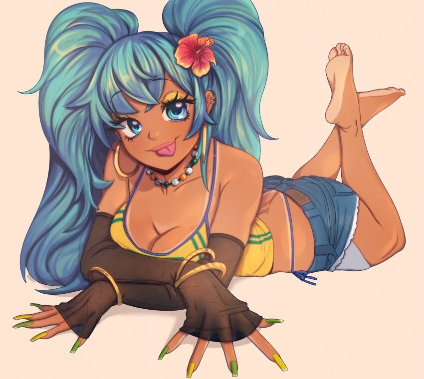1girl, aqua_eyes, aqua_hair, bare_legs, barefoot, bead_choker, beads, black_sleeves