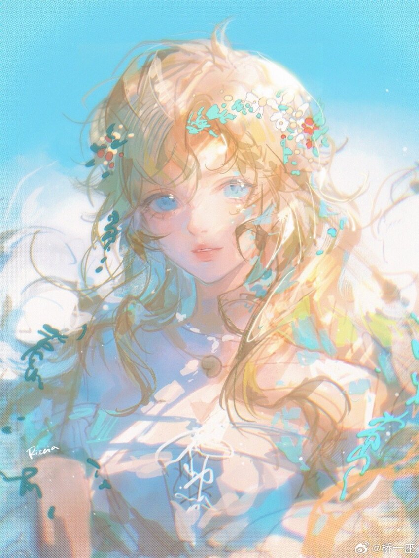 1girl, bare_shoulders, blonde_hair, blue_background, blue_eyes, curly_hair, dress, flower