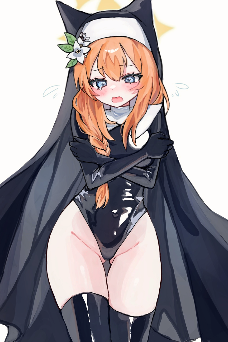 1girl, @_@, animal_ear_headwear, black_leotard, blue_archive, coif, cowboy_shot, crossed_arms, embarrassed, fake_animal_ears, flower, gloved_sleeves, gluteal_fold, habit, hair_flower, hair_ornament, halo, highleg, highleg_leotard, highres, justina_follower_(blue_archive), latex, latex_legwear, latex_leotard, latex_thighhighs, leotard, mari_(blue_archive), morita_(pixiv31883607), nun, orange_hair, thigh_gap, thighhighs, white_background, white_flower, yellow_halo