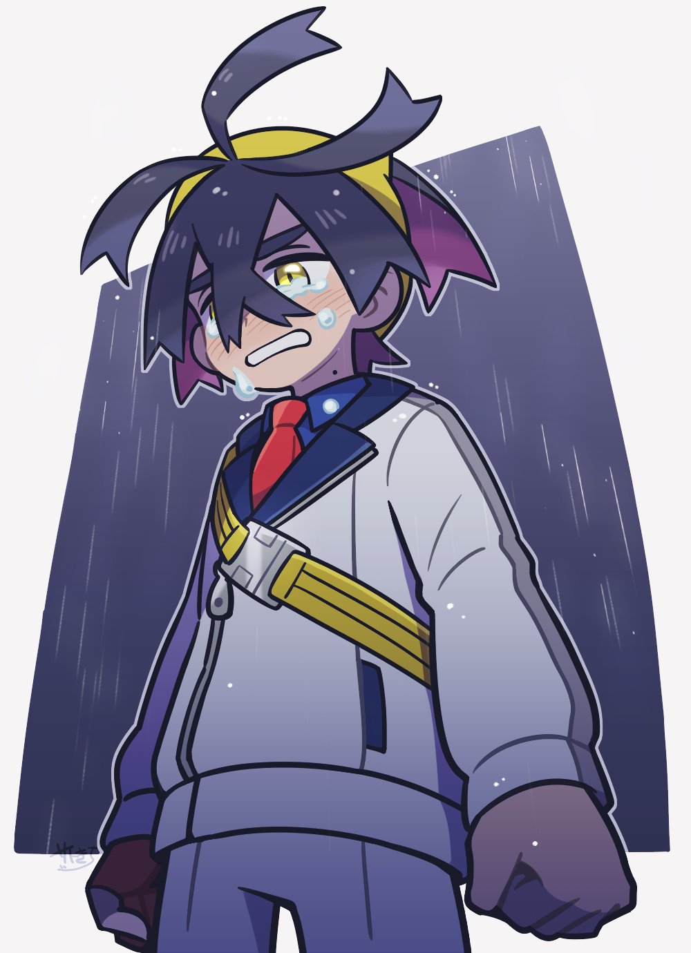 1boy, black_hair, blue_shirt, blush, clenched_hands, collared_shirt, commentary_request, crossed_bangs