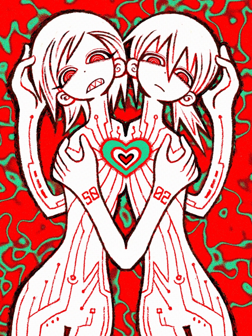 1boy, 1girl, abstract_background, asymmetrical_bangs, body_markings, breasts, brother_and_sister, circuit