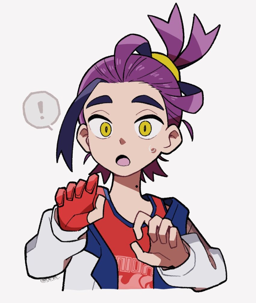 !, 1boy, black_hair, commentary_request, gloves, grey_background, highres, jacket