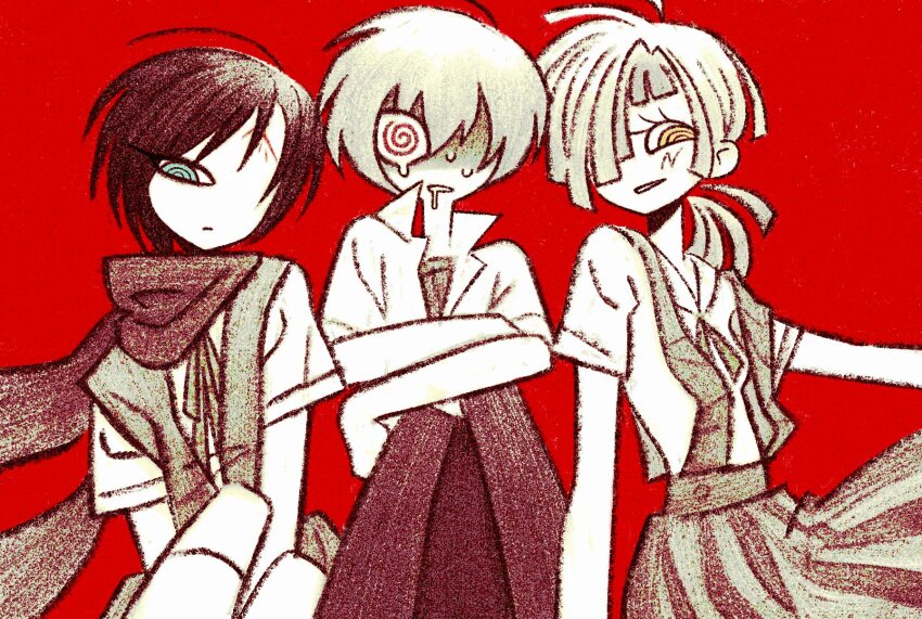 1boy, 2girls, @_@, arms_on_knees, blue_eyes, blunt_ends, character_request, check_character, collared_shirt, cosplay, demian_(project_moon), dripping_eye, drooling, facial_mark, feet_out_of_frame, forehead_mark, genderswap, genderswap_(mtf), girl_sandwich, hair_over_one_eye, half-closed_eye, highres, homilpain, ikari_shinji, ikari_shinji_(cosplay), kishimen_hair, knees_up, kromer_(project_moon), limbus_company, limited_palette, low_ponytail, medium_hair, multiple_girls, neck_ribbon, neon_genesis_evangelion, nervous_sweating, one_eye_covered, pants, parted_lips, ponytail, popped_collar, project_moon, red_background, red_eyes, red_pants, red_scarf, ribbon, ringed_eyes, sandwiched, scarf, school_uniform, shaded_face, shirt, short_hair, simple_background, sinclair_(project_moon), sitting, skirt, smile, suspender_skirt, suspenders, sweat, tokyo-3_middle_school_uniform, undershirt, wide-eyed, yellow_eyes