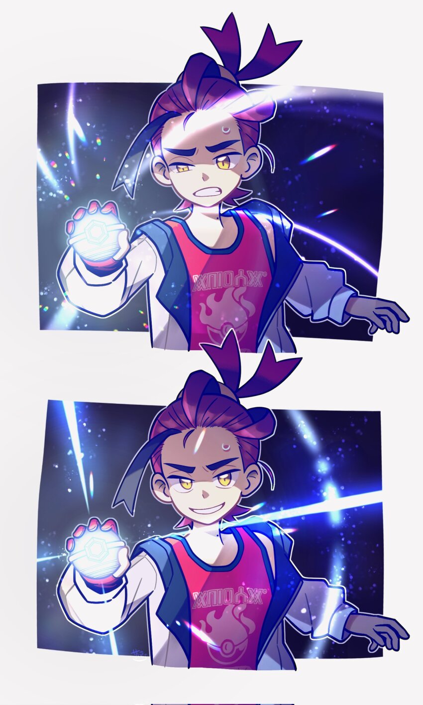 1boy, black_hair, clenched_teeth, commentary_request, corrupted_twitter_file, gloves, highres, holding