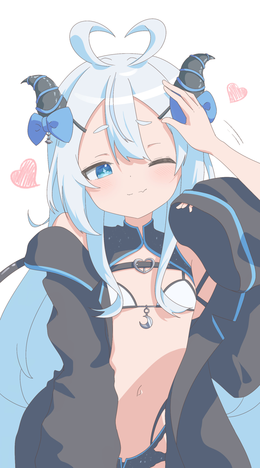 absurdres, akugaki_koa, antenna_hair, belly, black_cloak, blue_eyes, blue_hair, blue_ribbon, blue_trim, bra, buckle, chest_belt, cloak, crescent_pendant, diamond-shaped_pupils, diamond_(shape), flat_chest, headpat, heart, heart-shaped_buckle, heart_antenna_hair, highres, chromashift, kokoaalala33, mesugaki, navel, one_eye_closed, ribbon, symbol-shaped_pupils, underwear, virtual_youtuber, white_bra