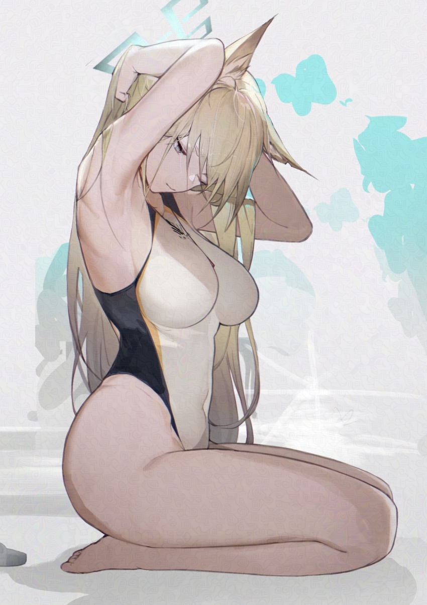 1girl, adjusting_hair, animal_ear_fluff, animal_ears, anths, arm_behind_head, armpits, barefoot