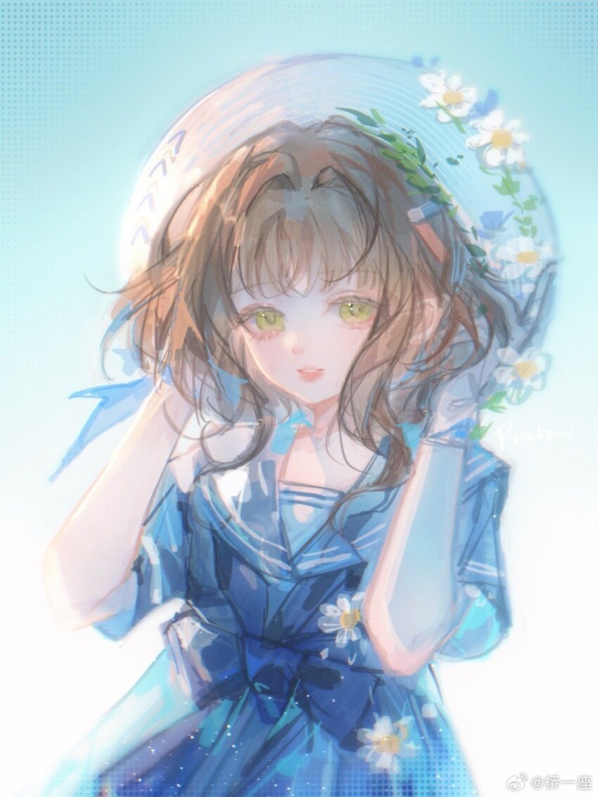 1girl, adjusting_clothes, adjusting_headwear, blue_background, blue_bow, blue_bowtie, blue_dress, blue_sailor_collar, bow, bowtie, brown_hair, dress, eagle_(reverse:1999), eagle_(weekend_excursion)_(reverse:1999), flower, gloves, gradient_background, green_eyes, grin, hands_up, hat, hat_flower, highres, official_alternate_costume, pink_lips, qiao_yi_zuo, reverse:1999, sailor_collar, sailor_dress, short_hair, smile, solo, upper_body, watermark, weibo_watermark, white_background, white_flower, white_gloves, white_hat