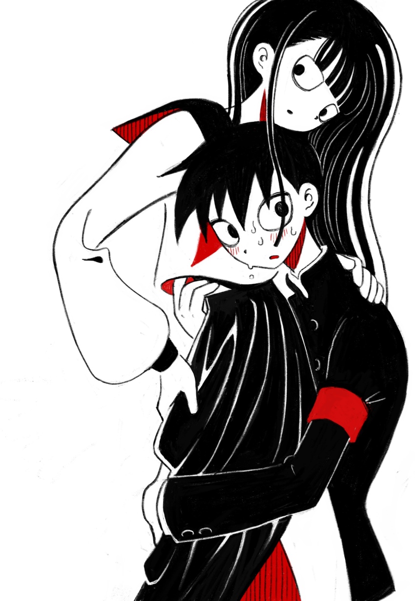 1boy, 1girl, absurdres, armband, bags_under_eyes, black_eyes, black_hair, blunt_bangs