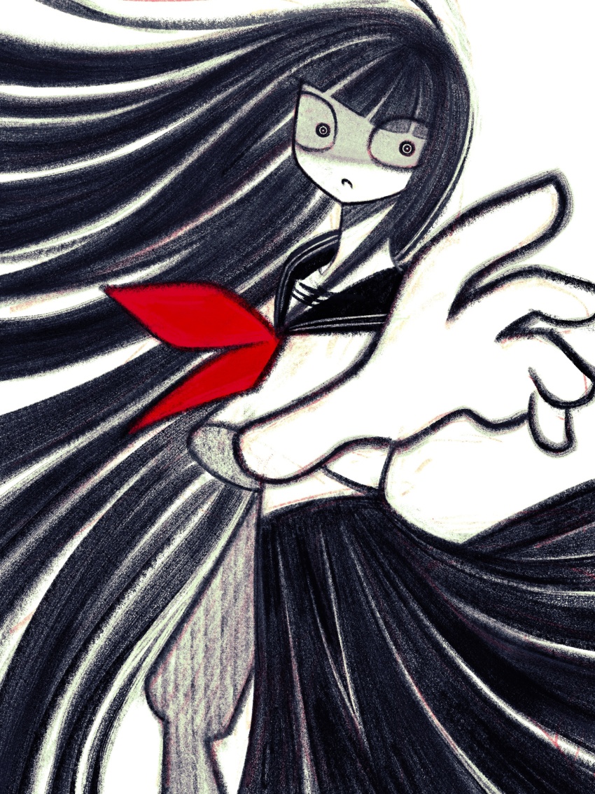 1girl, absurdres, angry, black_eyes, black_hair, blunt_bangs, constricted_pupils, cowboy_shot