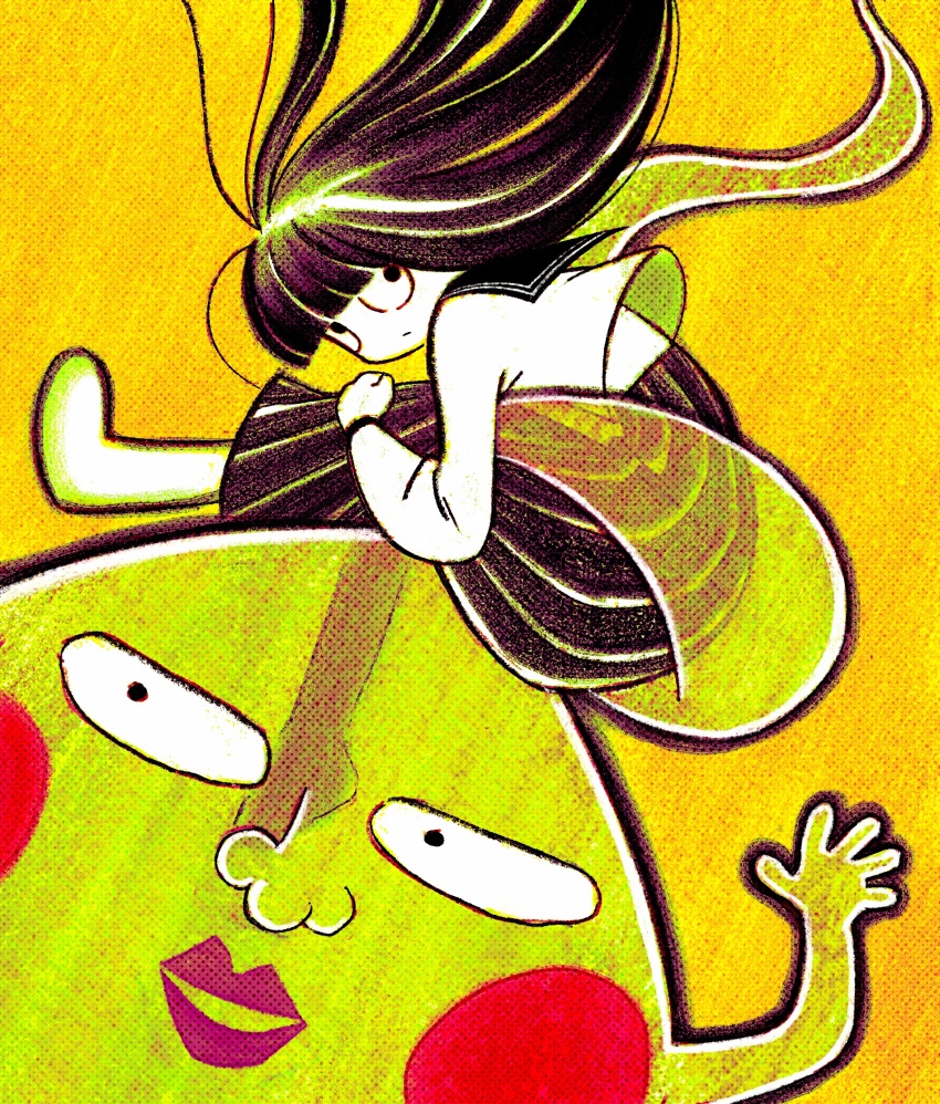 1girl, black_hair, black_skirt, blunt_bangs, blush_stickers, closed_mouth, constricted_pupils, ekubo_(mob_psycho_100)