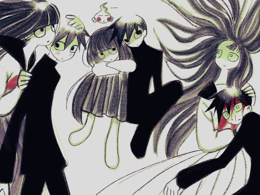 ..., 1boy, 1girl, arms_on_knees, behind_another, black_hair, black_skirt, bleeding