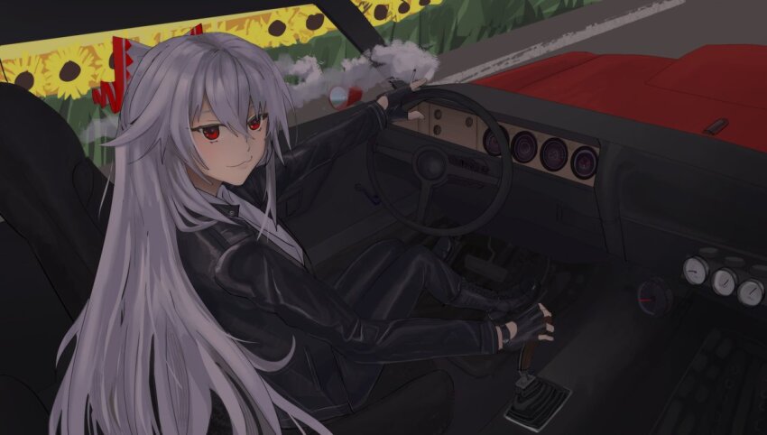 1girl, boots, car, car_interior, driving, flower, fujiwara_no_mokou, gloves