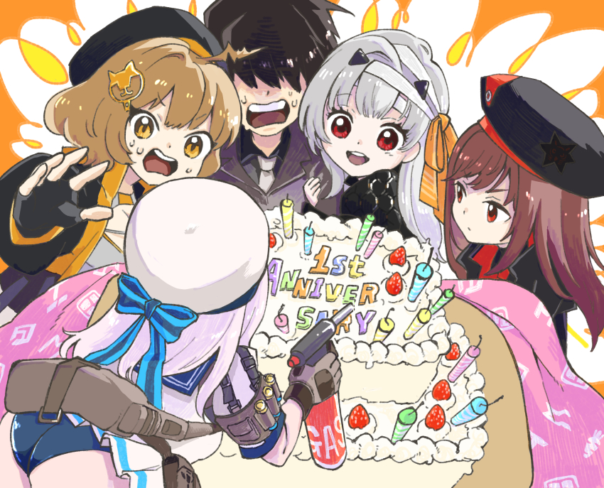 anis_(nikke), aoi_kili, arm_hug, bandaged_head, bandages, bent_over, beret, black_gloves