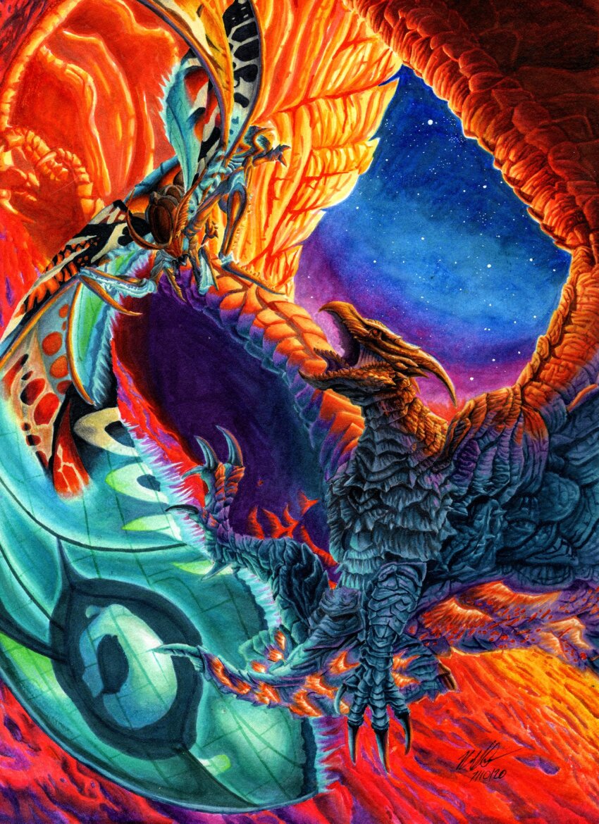 aerial_battle, antennae, battle, beak, bioluminescence, blue_eyes, bug, butterfly, claws, compound_eyes, elemental_(creature), fire, fire_elemental, flying, giant, giant_monster, glowing, glowing_eyes, glowing_wings, godzilla:_king_of_the_monsters, godzilla_(series), highres, horns, insect, kaiju, lava, lava_elemental, legendary_pictures, mandibles, monster, monsterverse, moth, mothra, night, no_humans, no_pupils, noah_endo_(derp_snek), open_mouth, pteranodon, pterosaur, red_eyes, roaring, rodan, sky, star_(sky), starry_sky, tail, talons, toho, tongue, wings