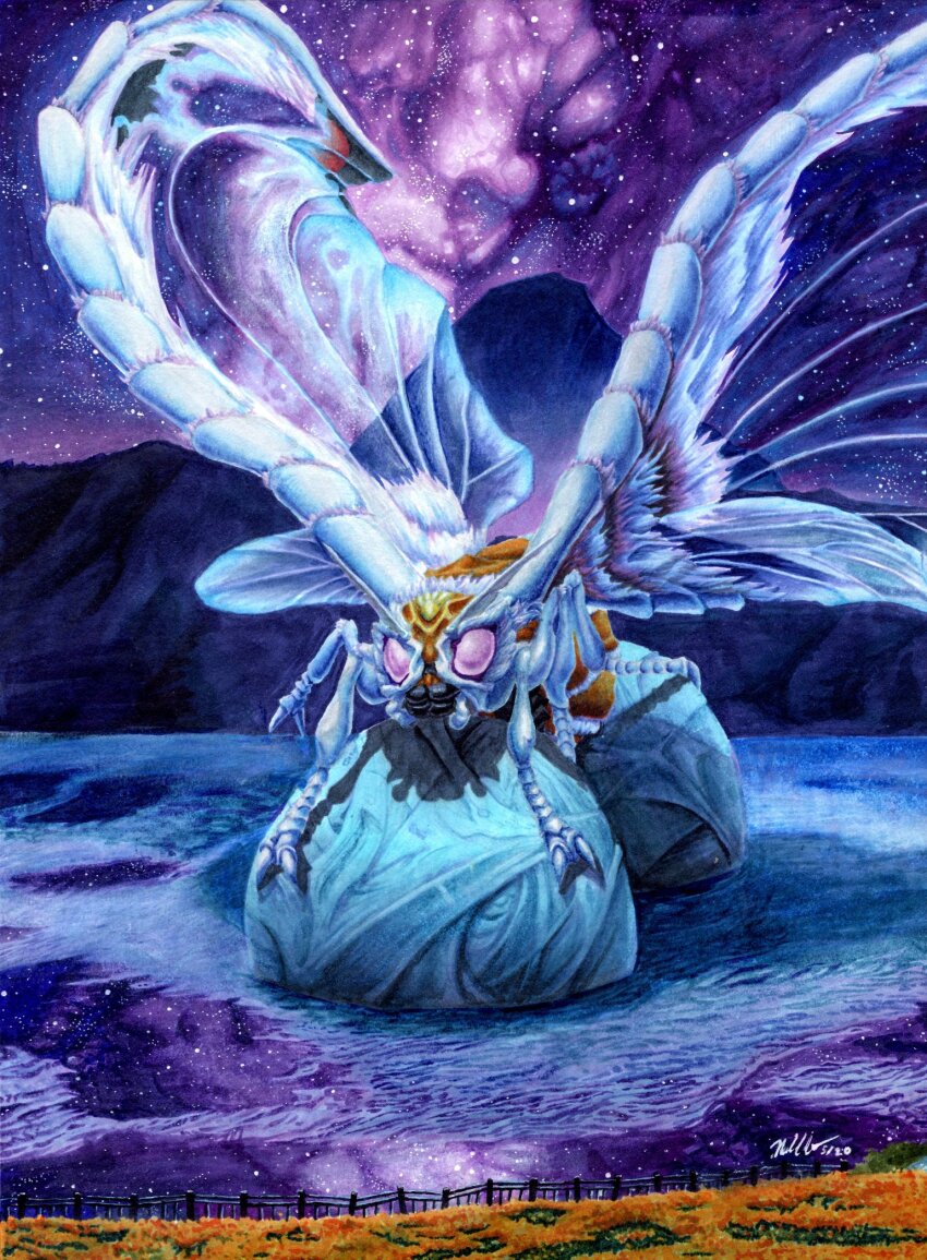 antennae, bug, butterfly, cocoon, compound_eyes, flower, giant, giant_monster, glowing, glowing_eyes, godzilla, _mothra_and_king_ghidorah:_giant_monsters_all-out_attack, godzilla_(series), guard_rail, hatching, highres, insect, kaiju, lake, mandibles, monster, moth, mothra, mountain, night, no_humans, no_pupils, noah_endo_(derp_snek), purple_eyes, reflection, sky, star_(sky), starry_sky, toho, translucent, translucent_wings, water, wings