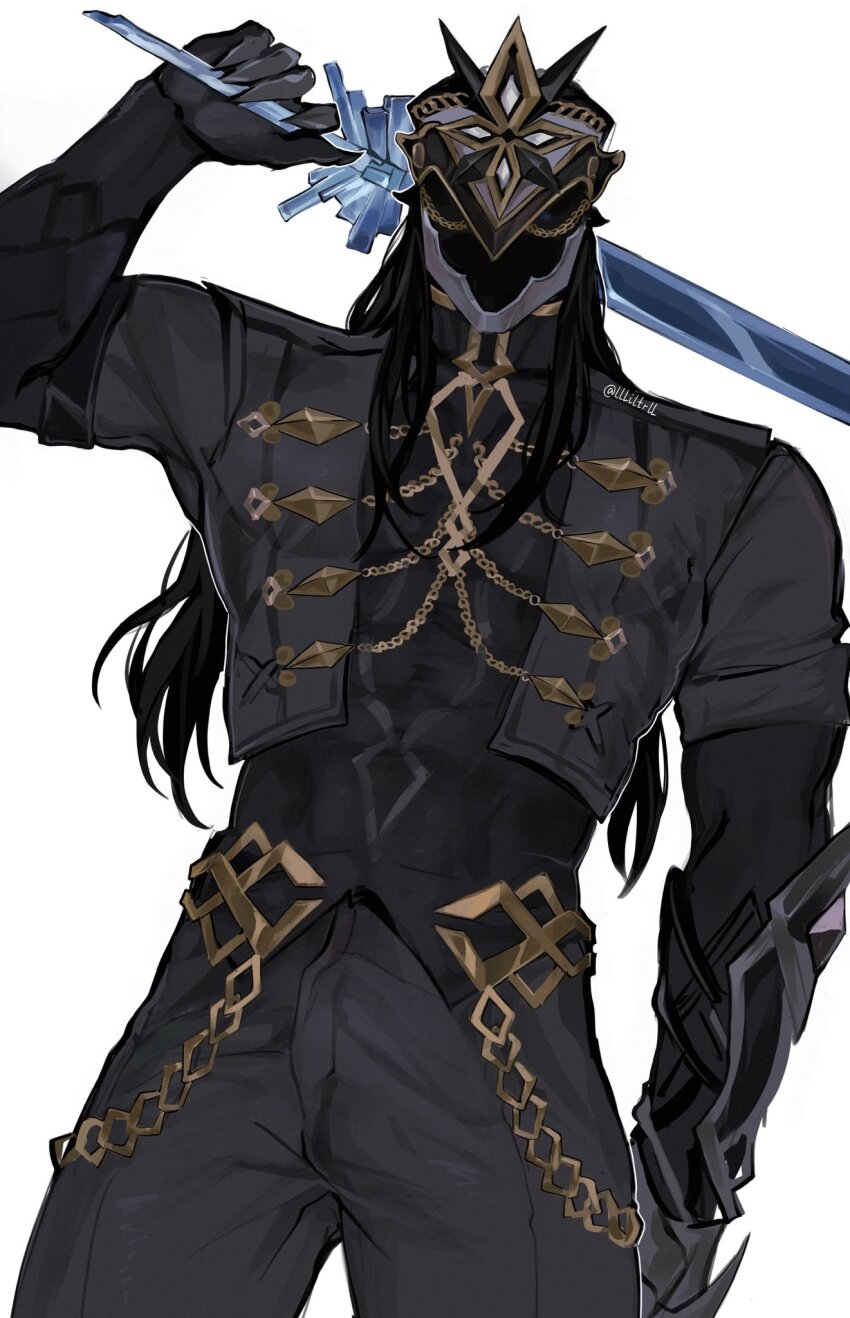 1boy, arm_up, black_hair, black_helm, black_pants, black_shirt, capitano_(genshin_impact), chain