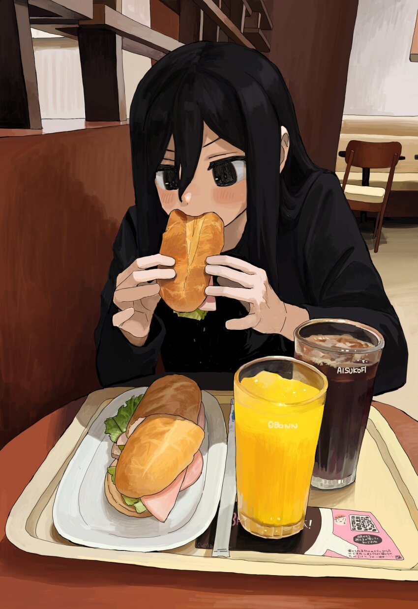 1girl, black_eyes, black_hair, cup, eating, food, highres, holding, long_hair, long_sleeves, mug, obon_(ensoku_300en), original, sitting, solo, table