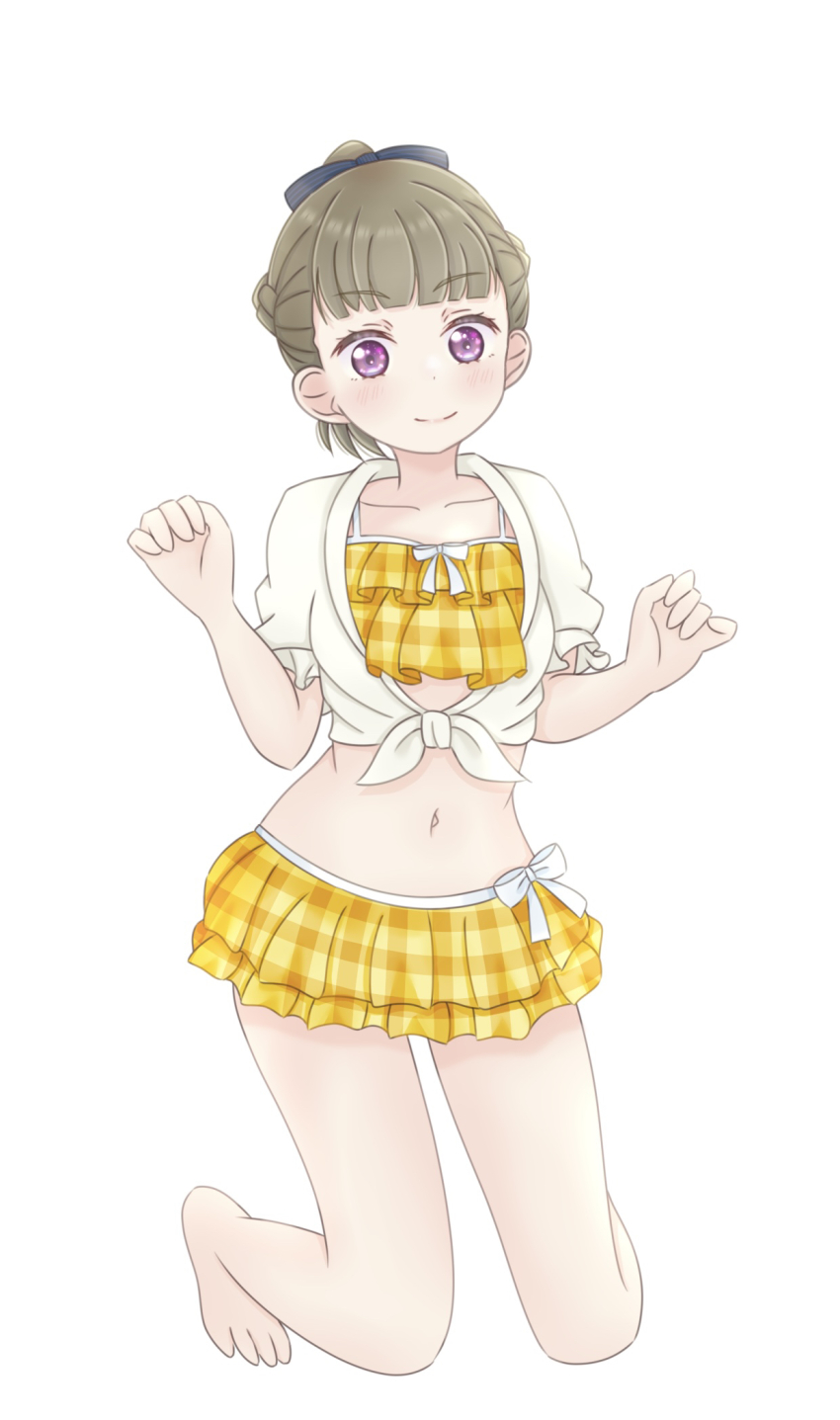 1girl, barefoot, bikini, bikini_skirt, black_ribbon, blush, braid, brown_hair